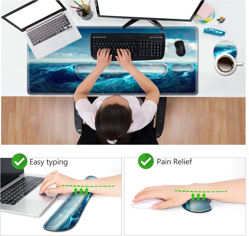AIMSA Keyboard Mouse Pad Wrist Rest, Extended Gaming Mouse Pad +Wrist Support, Ergonomic Memory Foam,XXL Large Mousepad Easy Typing Pain Relief, 4Pcs (35×15.7 in) Desk Mat,Big Sea Waves - Image 3